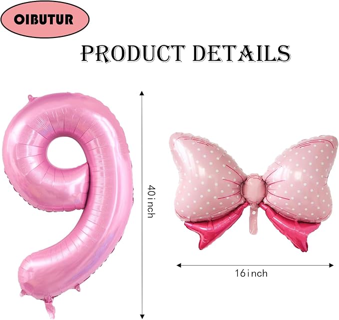 40 inch Number 9 Balloon with Bow Pink Happy Birthday Jumbo Number Balloon - Image 2