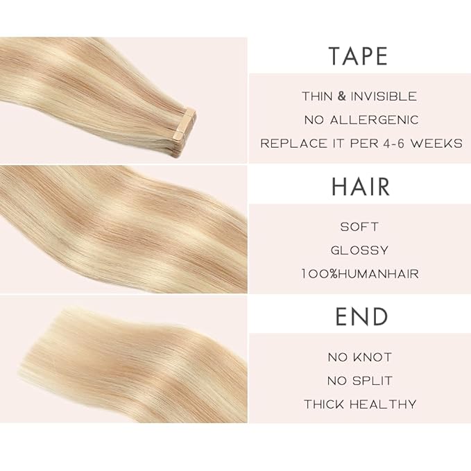 Tape in Hair Extensions Straight Double Sided Remy Invisible Hair Extensions Human Hair Tape in Extensions Ash Blonde Highlighted Bleach Blonde 24 Inch 20pcs (P18K/60#,24 Inch)