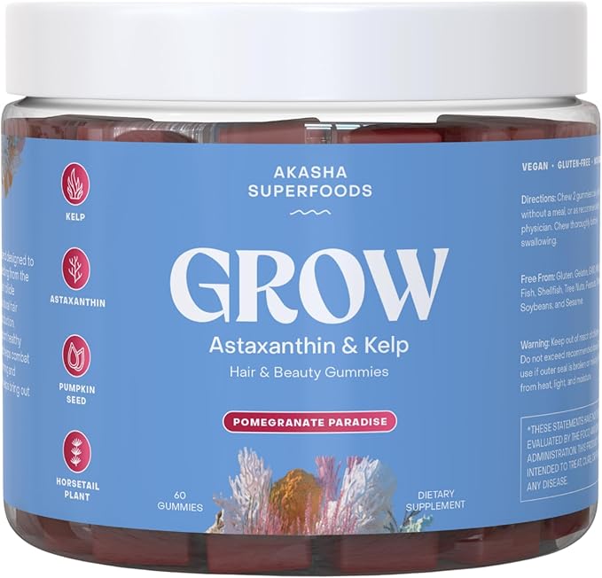 Akasha Superfoods Grow Hair & Beauty Gummies, Supplement with Zinc, Vitamin E, Astaxanthin, Kelp, & Pumpkin Seed, Plant Based Gummies for Women & Men, Gluten Free, Vegan, American Made, 60 Count