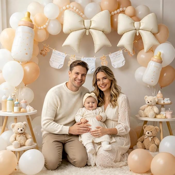 Cream Bow Foil Balloons 38 Inch, Large Beige White Bow Shaped Mylar Balloons - Image 5