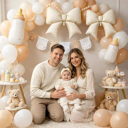 Cream Bow Foil Balloons 38 Inch, Large Beige White Bow Shaped Mylar Balloons - Image 5