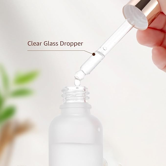30 Pack 30ml Frosted Glass Dropper Bottles for Essential Oils, 1oz Eye Dropper Bottles with Rose Golden Caps for Travel, Small Empty Glass Tincture Vials with Droppers, Funnels & 30 Labels