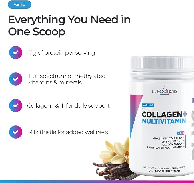 Livingood Daily Collagen Powder for Women and Men, Vanilla, Grass Fed Protein, Hydrolyzed Collagen Peptides with Vitamin C & Multi Vitamins for Hair, Skin, Nail & Gut Health, Gluten Free, 30 Servings