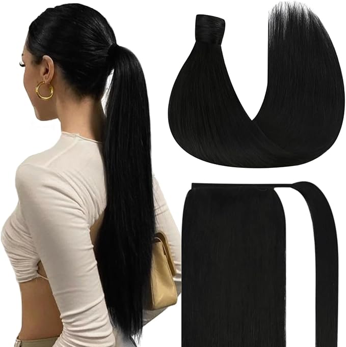 Ve Sunny Hair Extensions Ponytail Real Human Hair Wrap Around Clip in Ponytail Hair Extensions Straight Extensions Human Hair for Women Jet Black 16inch 80G