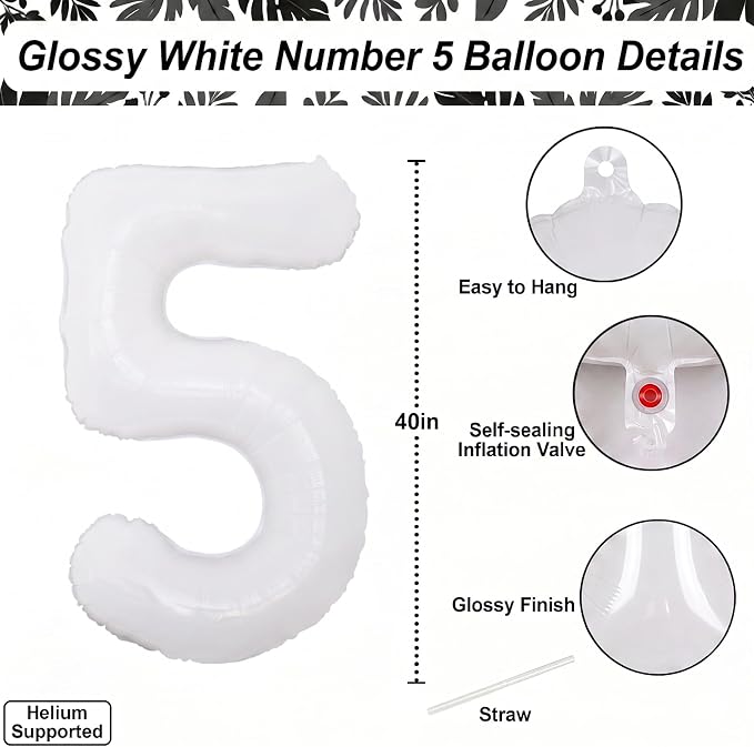 White Number 5 Balloon 40 Inch, Large Foil Mylar Five Balloon - Image 4