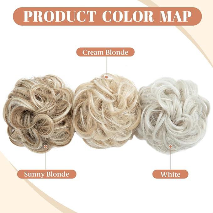 CJL HAIR 2PCS Messy Bun Hair Pieces Wavy Curly Synthetic Updo Chignon Fake Scrunchies Ponytail Extension for Women Sunny Blonde