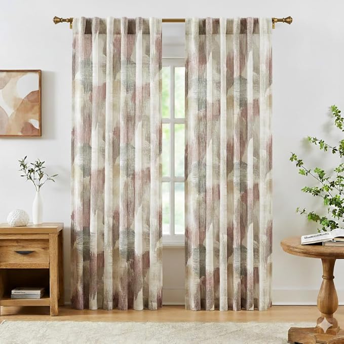 Kayne Studio Red Tan Boho Abstract Rod Pocket Semi Sheer Curtains 84 Inches | - Image 2