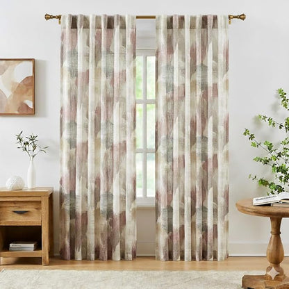 Kayne Studio Red Tan Boho Abstract Rod Pocket Semi Sheer Curtains 84 Inches | - Image 2