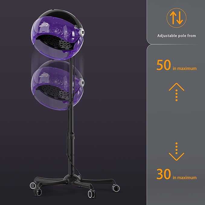 Professional Standing Hair Dryer - 1875W Floor Standing Hooded Dryer Hair Bonnet with Ionic Generator for Professional Salon Station Spa Home Use Hair Drying Treatment Adds Shine Volume (Purple)
