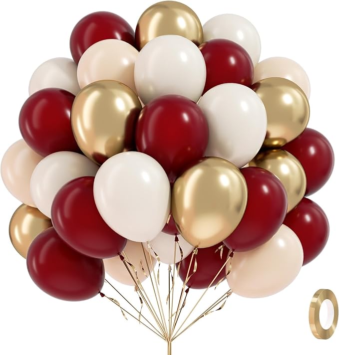60pcs Maroon and Gold Balloons by BAUANOOY