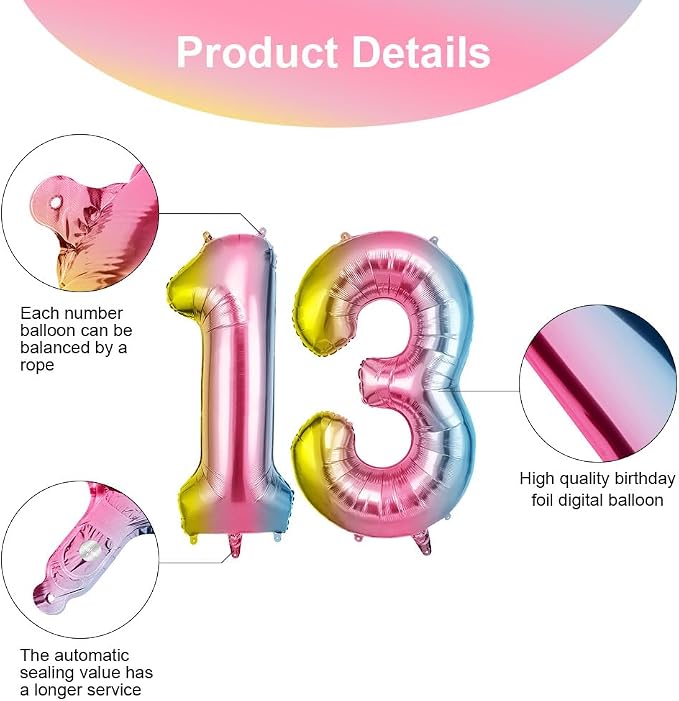 OFFCUP Helium Balloons, 40 Inches Number Balloons 13, Foil Balloons Birthday - Image 3