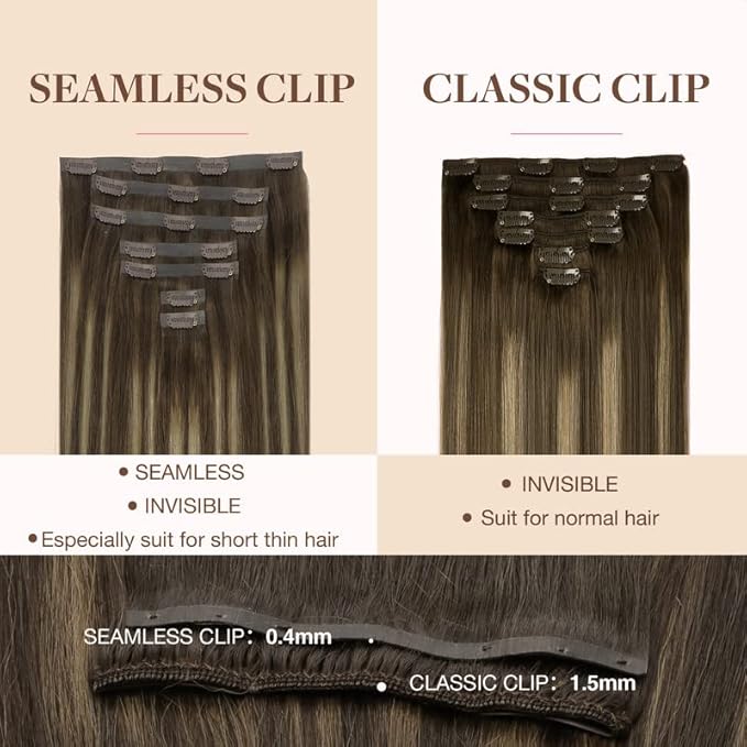 GOO GOO Clip in Hair Extensions Real Human Hair, Remy Human Hair Extensions Clip ins for Women, Natural Human Hair, 16inch 110g 7Pcs, 4/26/4 Balayage Chocolate Brown to Honey Blonde