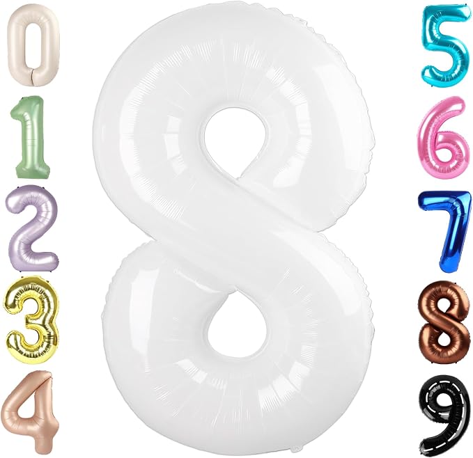 8 Balloon Numbers Birthday Decorations, 40In White Balloons by Mluchee