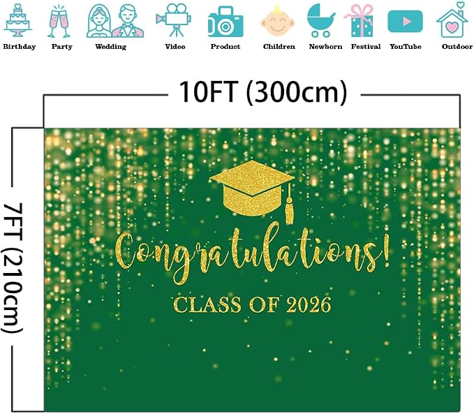 Mocsicka Class of 2026 Backdrop Green Gold Glitter Bokeh Graduation Party - Image 4