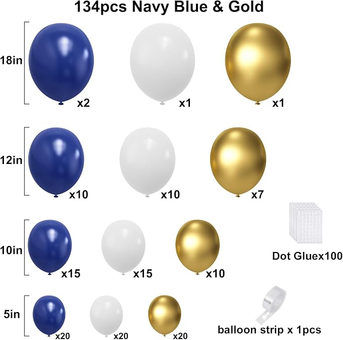 Blue and Gold Balloons Arch Garland Kit, Anniversary Party Decorations | 134pcs - Image 2