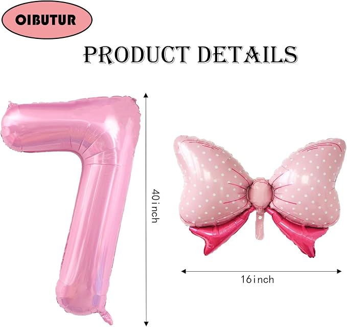 40 inch Number 7 Balloon with Bow Pink Happy Birthday Jumbo Number Balloon - Image 2