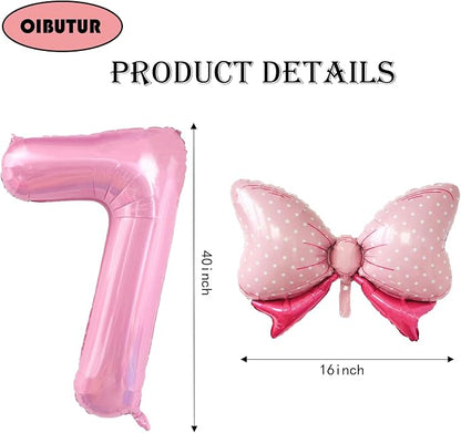 40 inch Number 7 Balloon with Bow Pink Happy Birthday Jumbo Number Balloon - Image 2