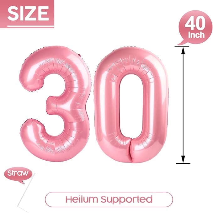 30 Balloon - Pastel Pink Birthday Number Balloons, 40 Inch Decorations | Pastel - Image 5