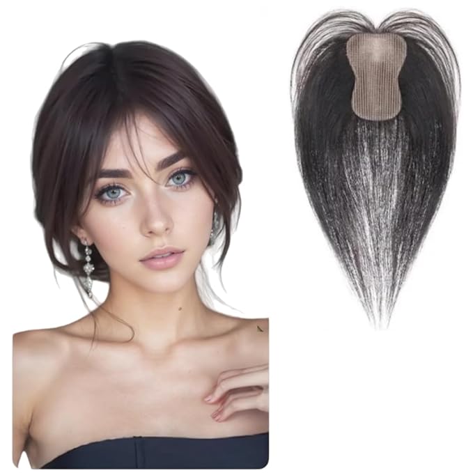 Anemone 100% Real Human Hair Topper No Need Clips Magic Paste Hair Seams 7x10cm Skin Base Fringe Bangs Easy to Wear (1B French Bangs)