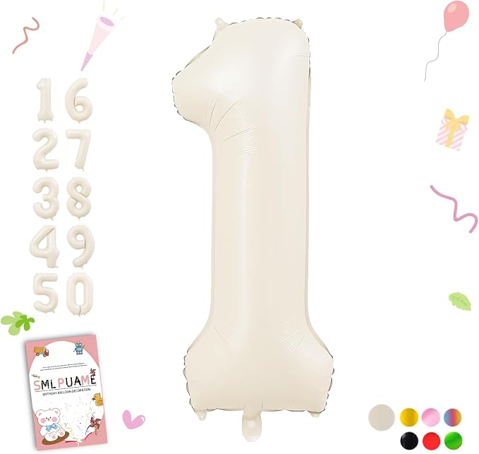 40 Inch Beige Number 1 Balloon for 1st Birthday Decorations Boys Girls by Smlpuame