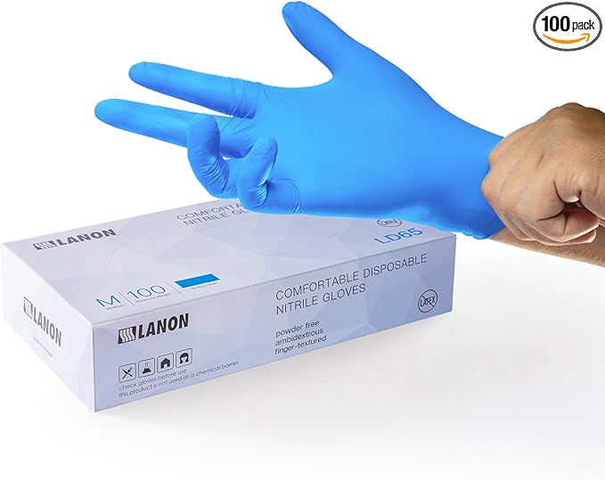 LANON Disposable Nitrile Gloves, Silicone-Free, Food-Safe, Chemical Resistant, Powder-Free, Textured Fingertips, Cooking, Cleaning, Blue, Medium
