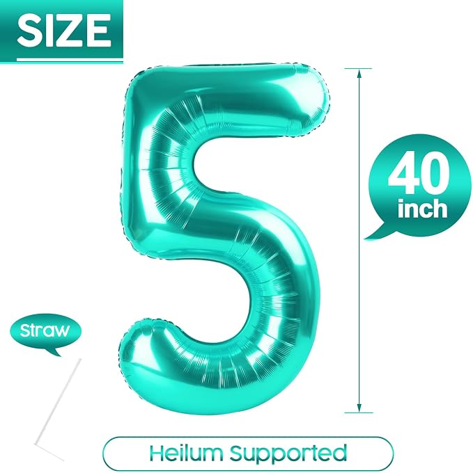 5 Balloon - Teal Birthday Number Balloons, 40 Inch Decorations Men Women | Teal - Image 5