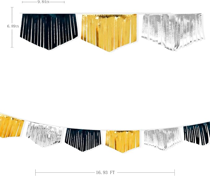Black Silver Gold Tassel Banner Double Sided Metallic Fabric Pennant Bunting - Image 2