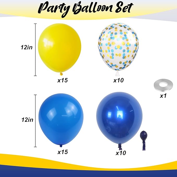 Blue and Yellow Balloons, 12 Inch Double Stuffed Chrome Royal Blue and Yellow - Image 2
