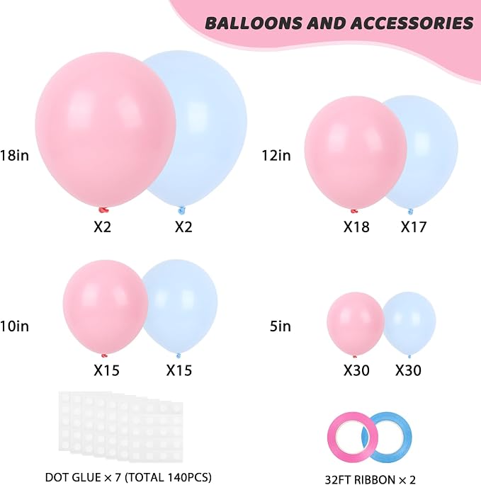 RUBFAC Gender Reveal Pink and Blue Balloons Party Decorations 129pcs | - Image 2