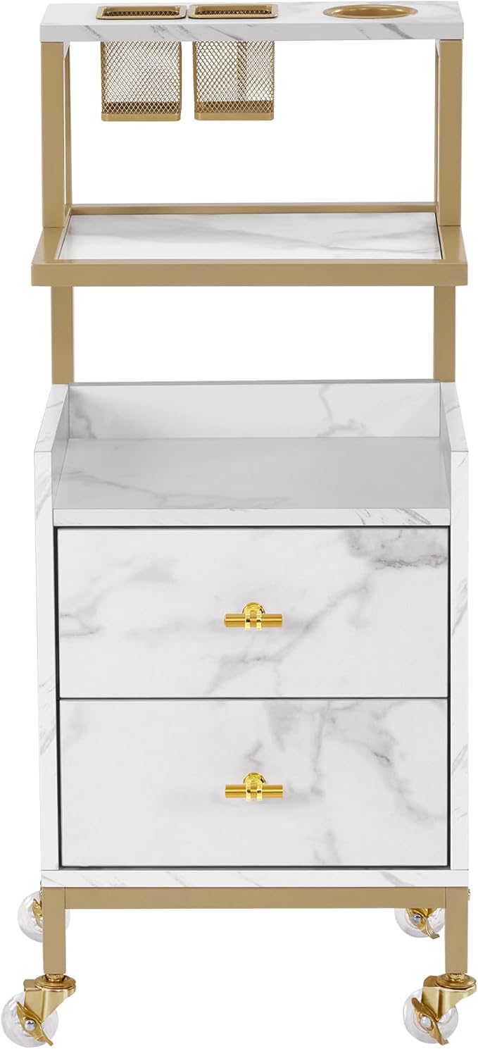 BarberPub Rolling Salon Cart with Storage Drawers, Barber Trolley with Metal Tool Holder & Basket, Beauty Salon Equipment for Hair Stylist 2084 (White)