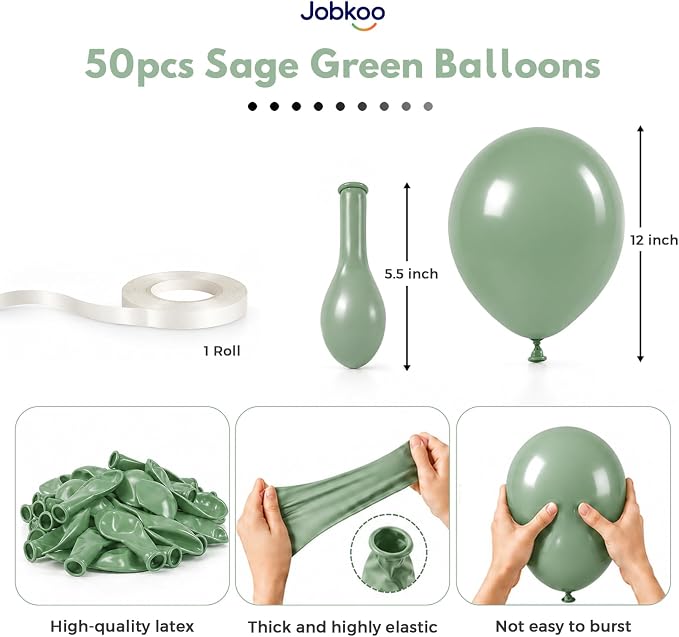 Jobkoo Sage Green Balloons 12 Inch, Eucalyptus Olive Vintage Green Balloon | - Image 2