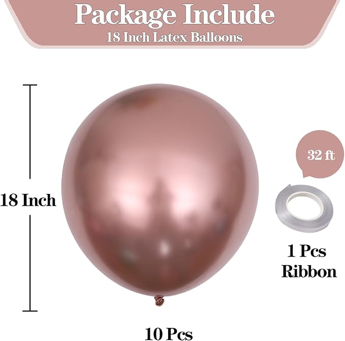 10pcs 18 inch Metallic Rose Gold Balloons, Thick Latex Chrome Helium Balloons - Image 2