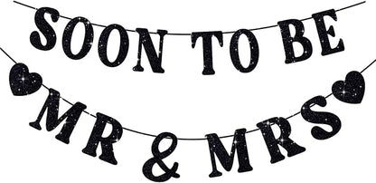 Soon To Be Mr & Mrs Sign, Bridal Shower Banner, Pre-Strung Black Glitter by SerpizePaty