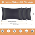 Silk Pillowcase for Hair and Skin, 2 Pack 100% Mulberry Silk Pillowcase 25 Momme, 600 Thread Count, Both Side Pure Silk Pillow Cover with Hidden Zipper (BlackGray, Standard 20''×26'')