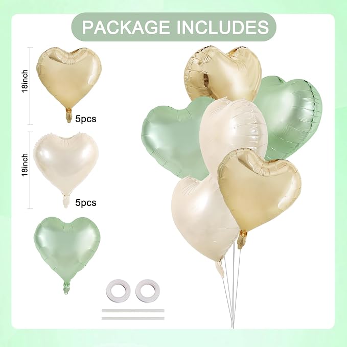 TONIFUL 15 Pcs 18 Inch Cream Gold Green Heart Shape Foil Mylar Balloons | - Image 2