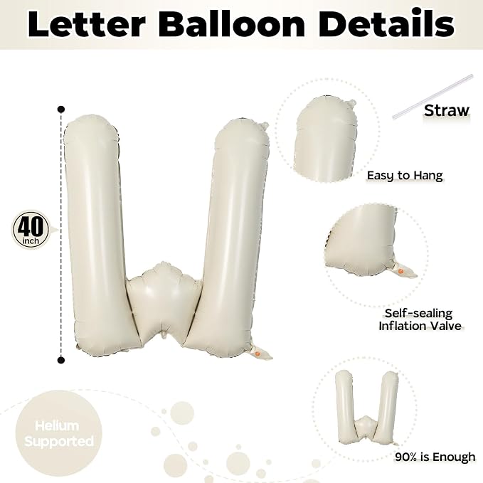 40 Inch Custom Letter Balloons, Giant Alphabet W Foil Name Ballon Cream White - Image 2