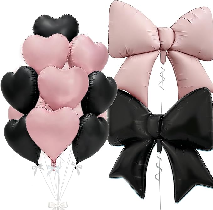Vuzvuv Pink Black Bow Heart Balloons Set, Anniversary, Bridal Shower, Girls by Vuzvuv