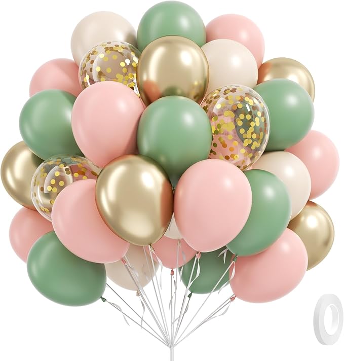 60pcs Pink and Green Balloons 12inch by BAUANOOY