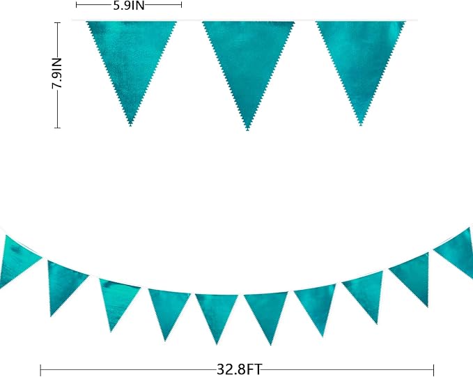 Teal Aqua Blue Triangle Pennant Banner Dark Metallic Fabric Flag Bunting Garland - Image 2