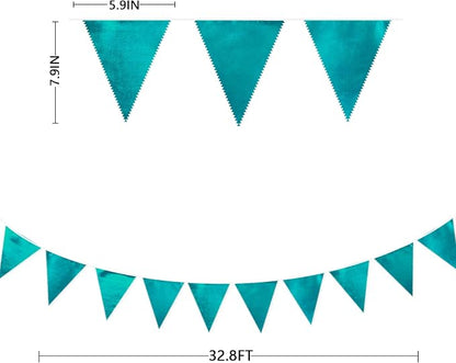 Teal Aqua Blue Triangle Pennant Banner Dark Metallic Fabric Flag Bunting Garland - Image 2