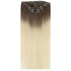 Full Shine Ombre Clip in Blonde Human Hair Extensions 16 Inch Straight Hair Clip in Extensions Dark Brown to Bleach Blonde 120 Grams 16 Inch