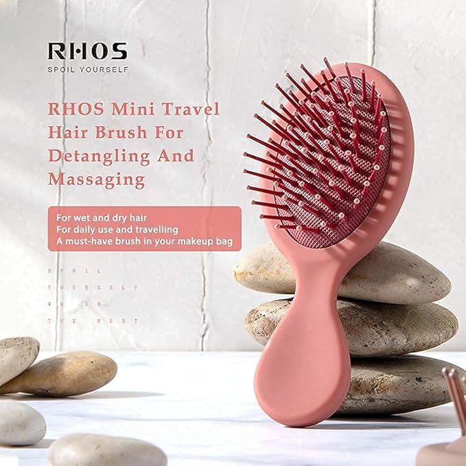 RHOS Mini Hair Brush for Women,Men and Kids-Travel Size Hair Brush for Purse,Pocket,backpack-Small Cushion Paddle Brush with Soft Bristles-Mini Detangler Brush for All Hair Types(1 Pack-Red)