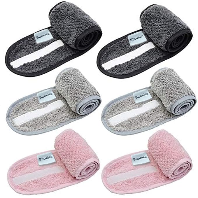 Simnice 6 Pieces Spa Facial Headbands Adjustable Head Wraps for women,Makeup Shower Bath Facial Wraps Sports Headband Terry Cloth Adjustable Stretch Towel with Magic Tape