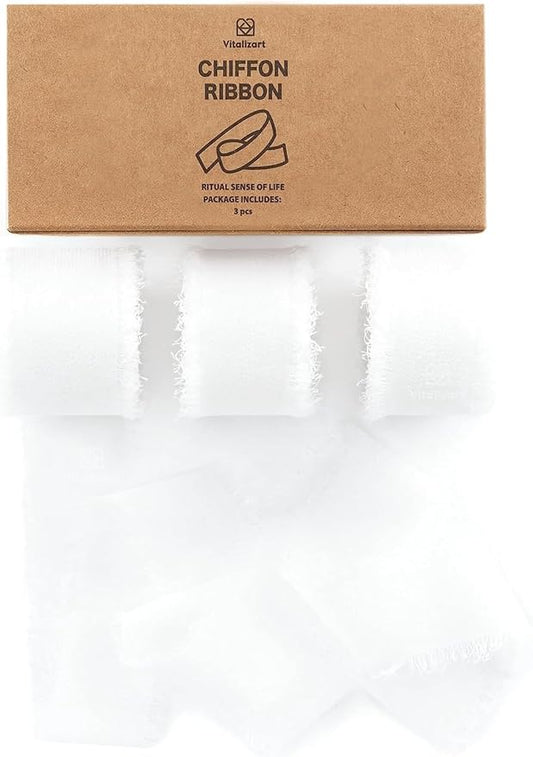 Vitalizart White Chiffon Silk Ribbon 1" x 21 Yd Fringe Fabric Package by Vitalizart