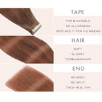 Tape in Hair Extensions Human Hair Chocolate Brown to Auburn Brown Remy Hair Extensions 20pcs 14 Inch Straight Invisible Human Hair Tape in Extensions Skin Weft Tape Extensions (#4/33/4,14 Inch)