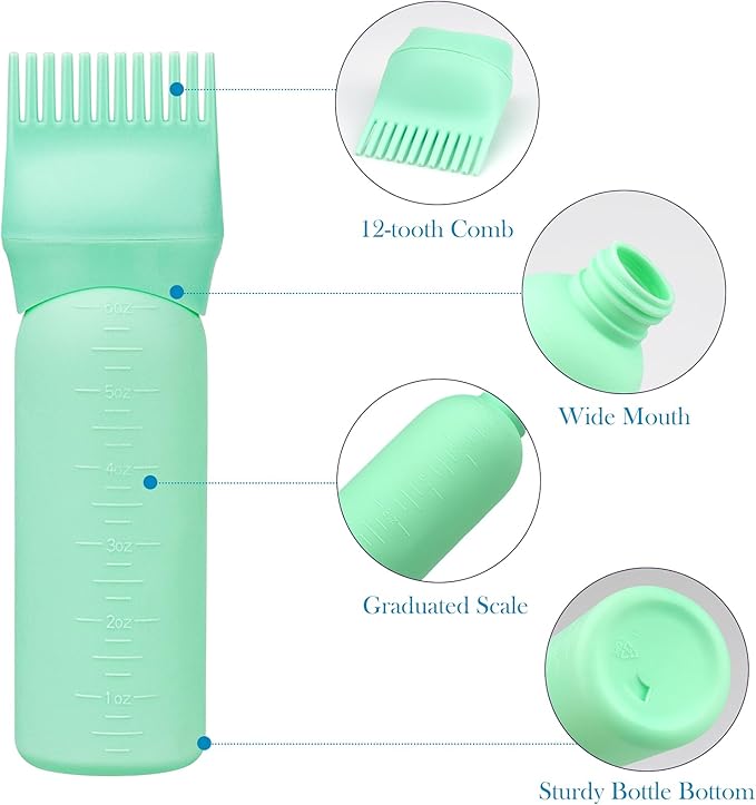 Cosywell 3 Pack Root Comb Applicator Bottle 6 Ounce Hair Oil Bottle Hair Dye Applicator Brush for Hair Root Comb Color with Graduated Scale(Pink Blue Green)