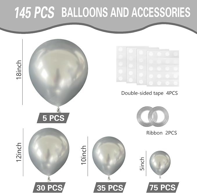 Metallic Silver Balloons 145pcs Different Sizes 5in 10in 12in 18in Chrome - Image 2