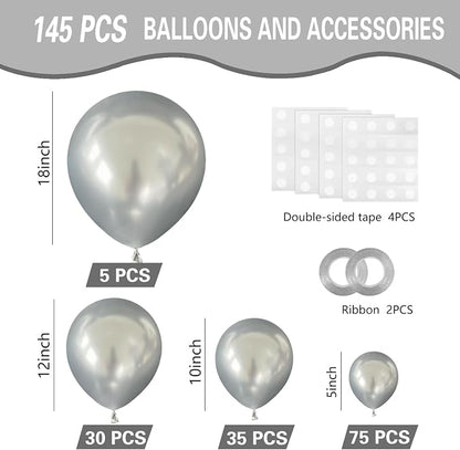 Metallic Silver Balloons 145pcs Different Sizes 5in 10in 12in 18in Chrome - Image 2