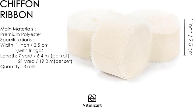 Vitalizart Ivory White Chiffon Silk Ribbon 1" x 21 Yd Fringe Fabric Package - Image 2