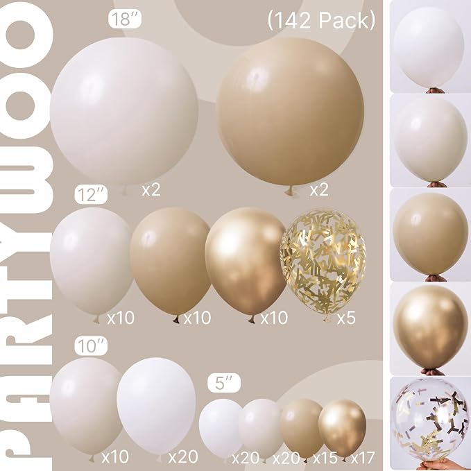 PartyWoo Neutral Balloon Arch Kit 142pcs Gold and Sand White Balloons | Beige - Image 2